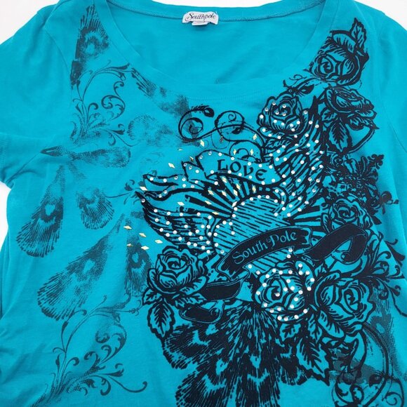 SOUTHPOLE Women's XXL T Shirt Fairy Grunge Emo Ruched Sides Velvet Studded Roses - Picture 9 of 12